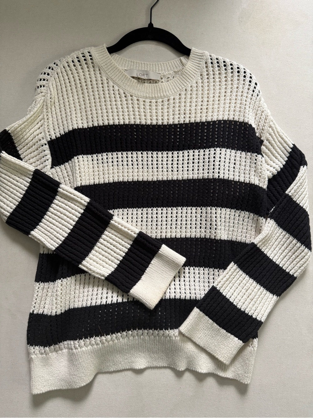 LOFT Open-Weave Crewneck Sweater in Black and White Stripes